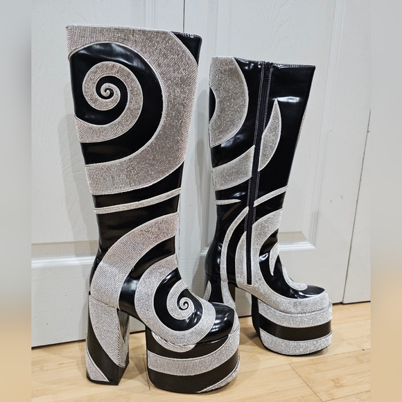 Dolls Kill Current Mood How Sweet It Is Platform Rhinestone Swirl Black Boots 8 - Picture 2 of 16